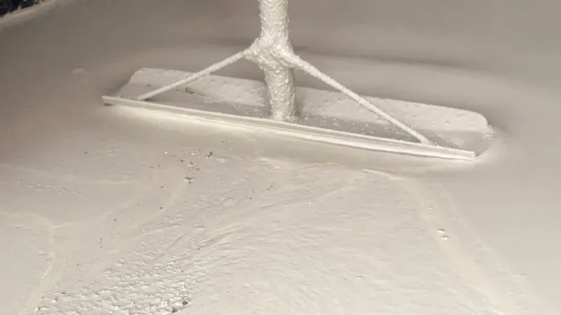 Dapple bar drawn across the surface of freshly poured Gypsol liquid screed leaving a flat level finish