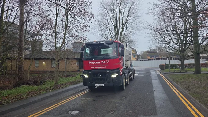 Branded Procon mixer on a foggy road