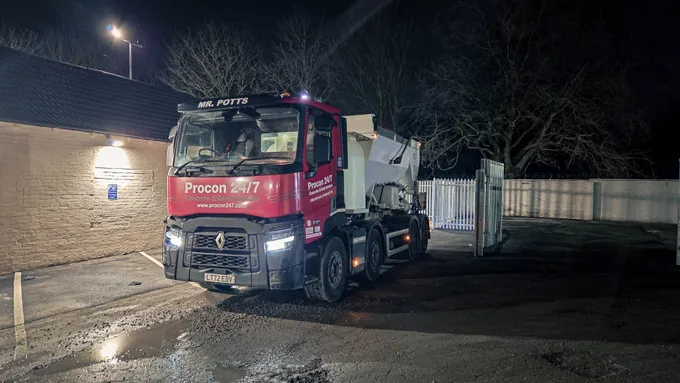 Procon volumetric mixer parked at night