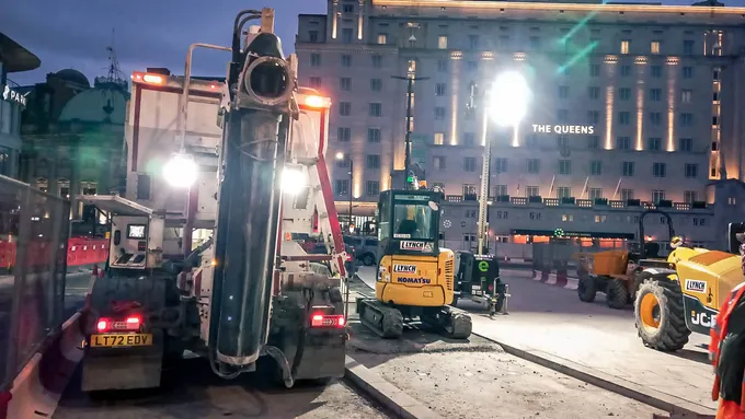 Night concrete pour in Leeds city centre outside The Queens Hotel