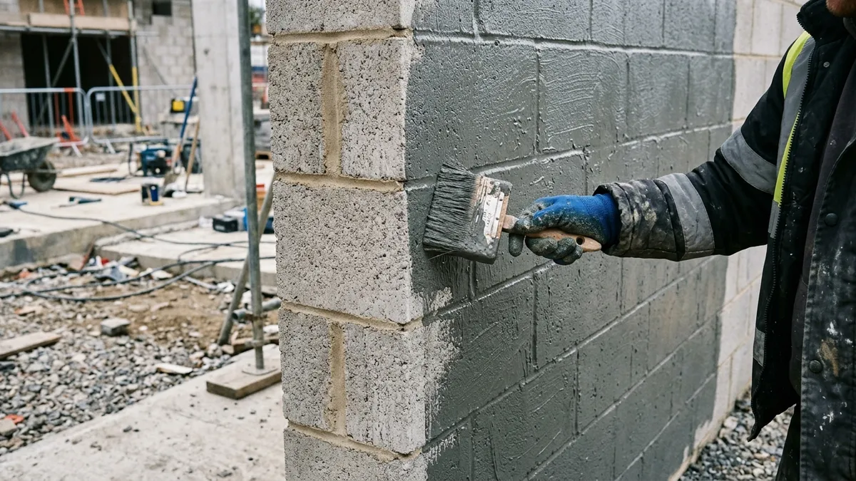 A builder brushing grey tanking slurry onto a concrete block wall, with the coated section clearly darker than the bare blockwork beside it