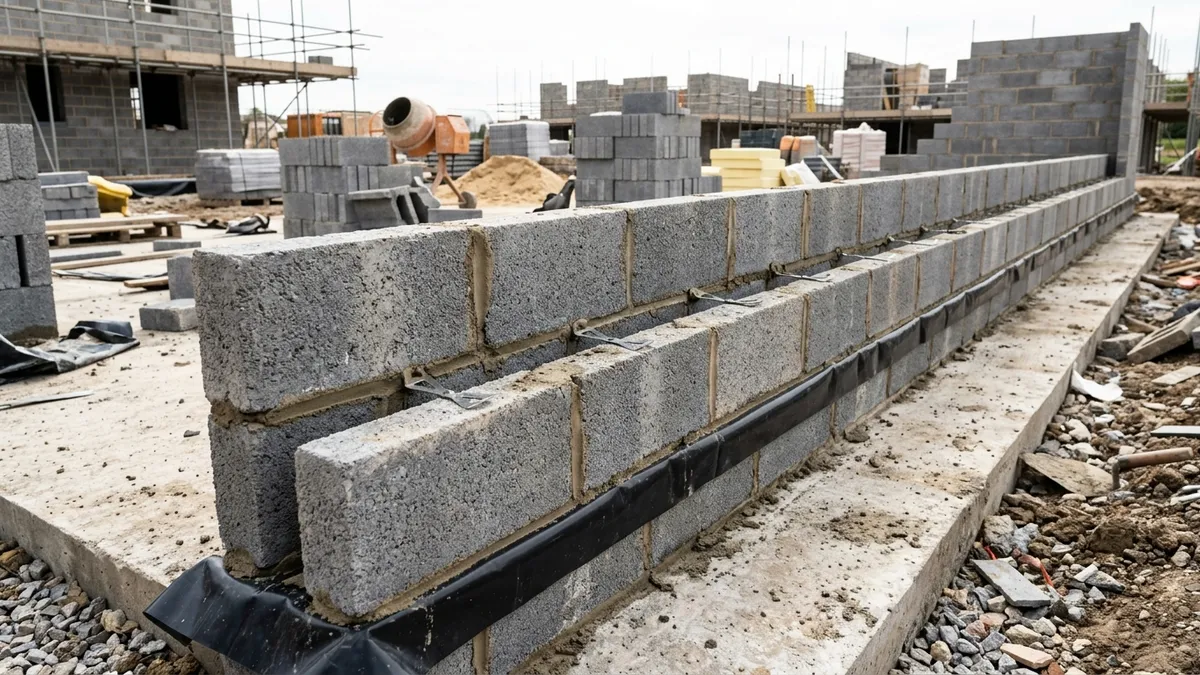 A UK cavity wall under construction showing two leaves of concrete blockwork, the cavity between them and a black damp proof course along the base