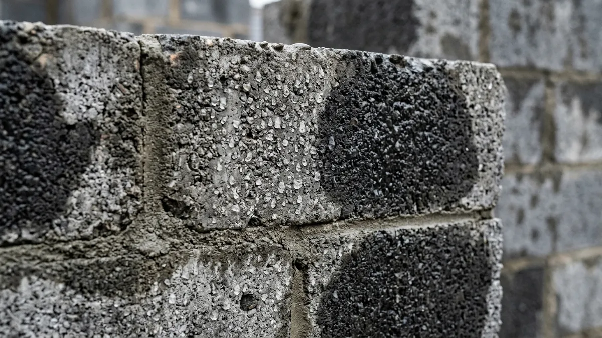 Water beading on part of a grey concrete block wall while darker patches show where it has soaked into the porous block