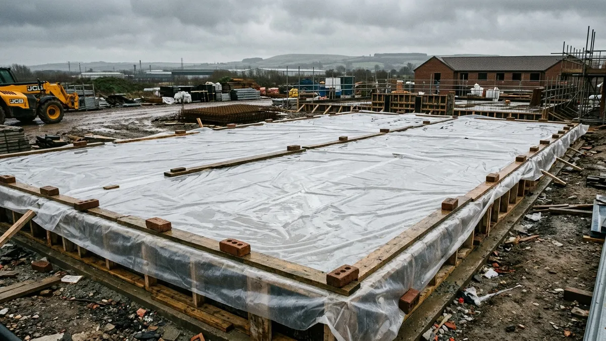 A newly poured concrete slab covered with polythene sheeting weighted down at the edges to hold moisture in while it cures