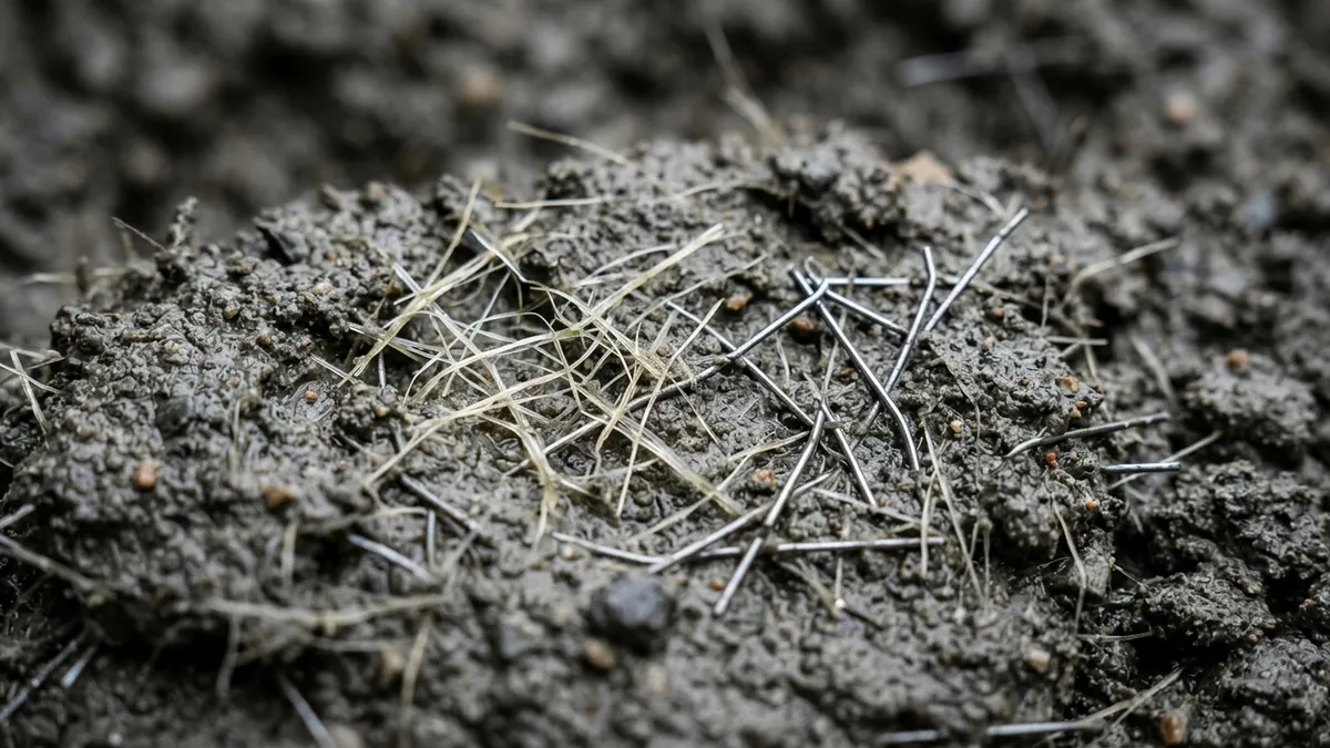 Close-up of wet concrete showing steel and polypropylene fibres distributed through the mix rather than placed as bars