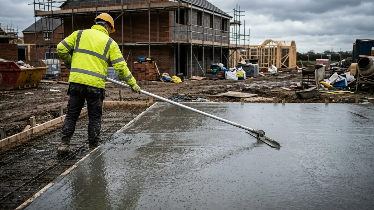 A worker using a bull float to finish the wet surface of a freshly poured concrete slab before it begins to set
