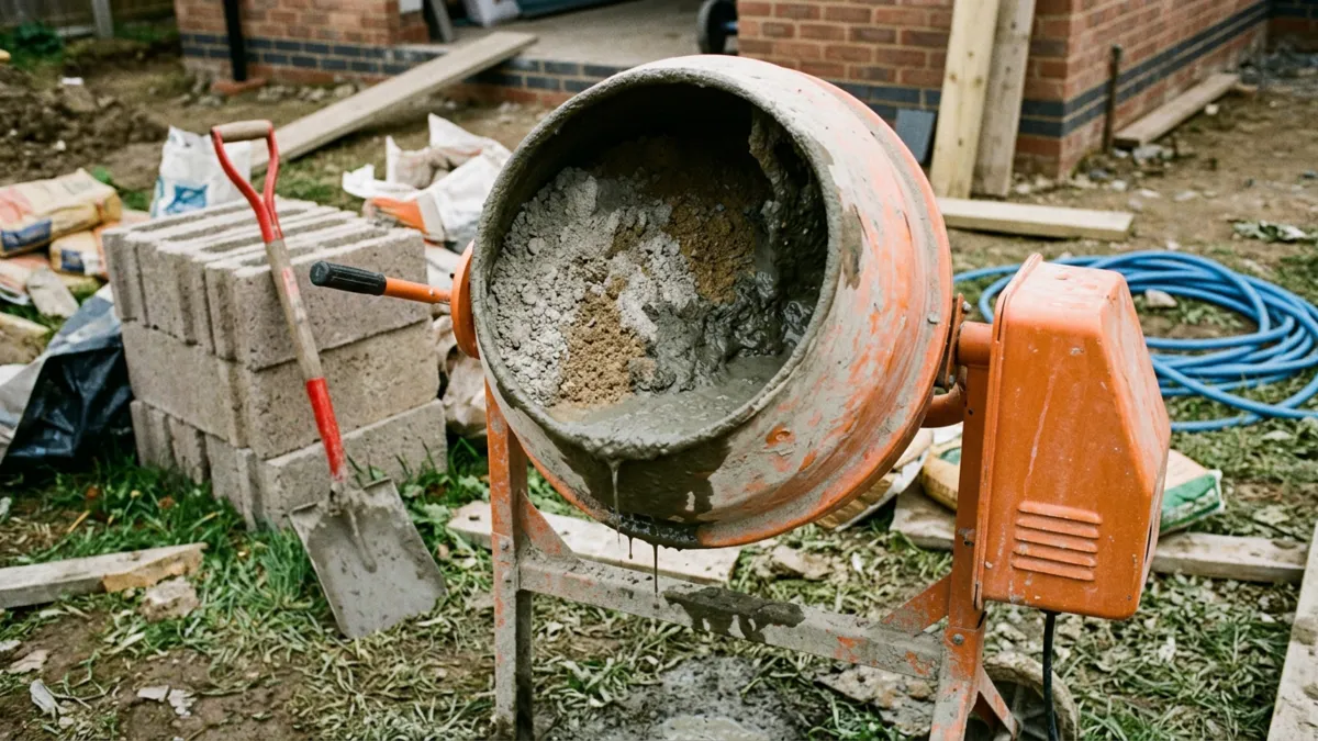 Dry bagged concrete mix and water combining in a small electric cement mixer on a domestic building site