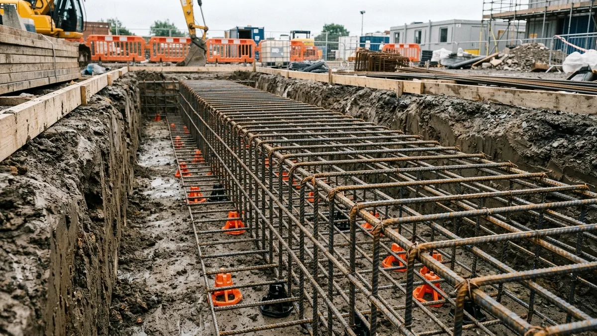 A tied steel rebar cage sitting on orange plastic spacer chairs inside an excavated foundation trench on a UK construction site