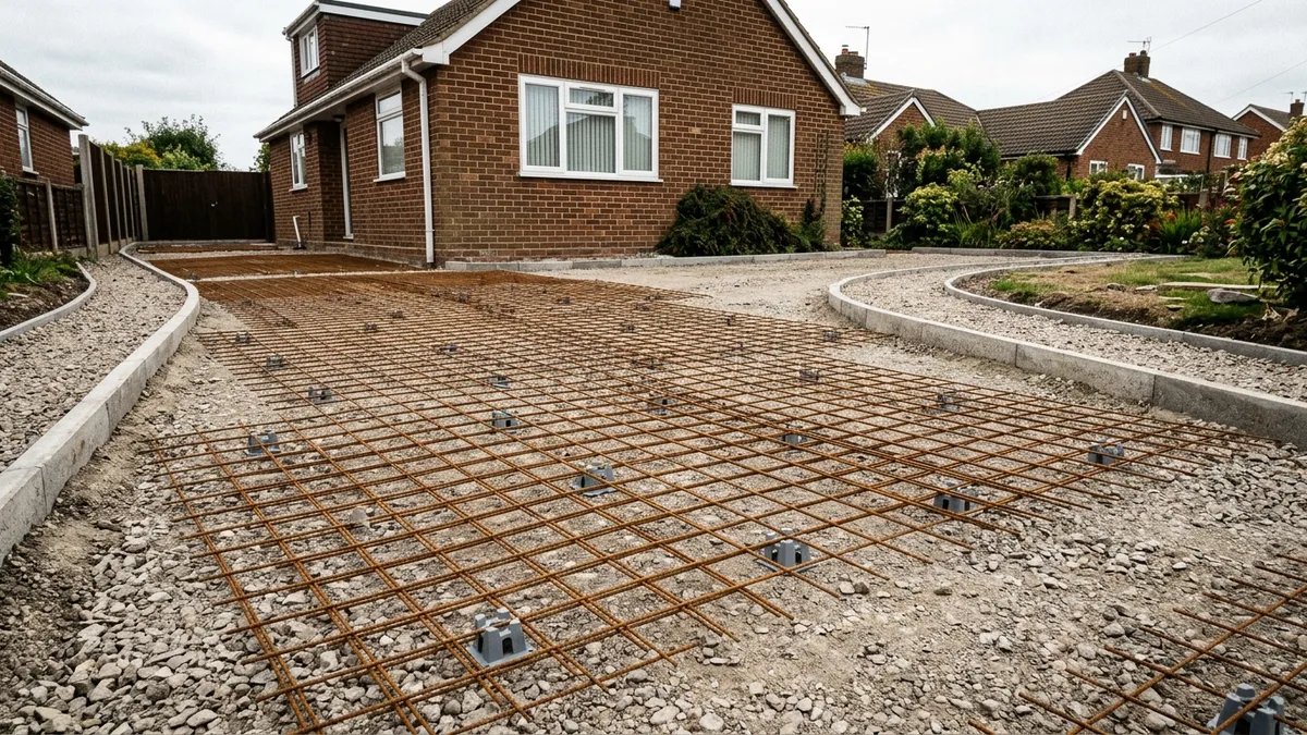 Sheets of A142 welded steel mesh laid across a prepared hardcore sub-base on plastic spacer chairs, overlapped and ready for a concrete pour